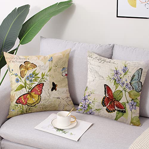 wyooxoo Farmhouse Pillow Covers 18x18 Set of 4 Spring Summer Throw Pillow Covers Linen Flower Butterfly Bird Decorative Pillowcases for Sofa Couch Living Room Outdoor - Image 3