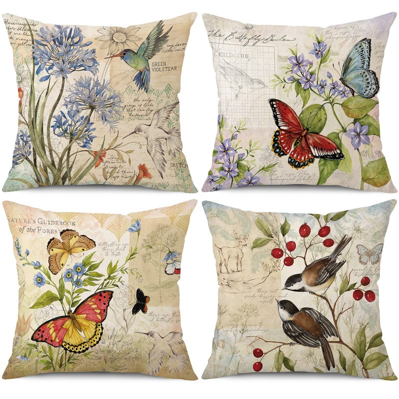 wyooxoo Farmhouse Pillow Covers 18x18 Set of 4 Spring Summer Throw Pillow Covers Linen Flower Butterfly Bird Decorative Pillowcases for Sofa Couch Living Room Outdoor - Image 2