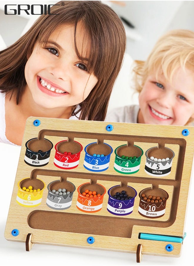 Wooden Magnetic Maze for Toddler, Magnetic Color and Number Maze, Montessori Wooden Color Matching Learning Counting Puzzle Board, Counting Matching Activities Fine Motor Skills Toys for Kids