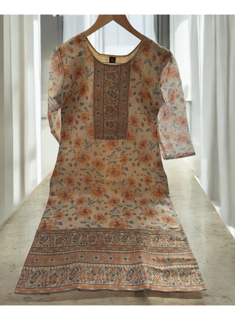Women's Floral Print Kurti 3/4 Sleeves, Camel and Grey Roses Pattern, Traditional Border Design - Image 1