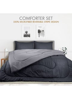 Hotel Linen Klub Hotel Linen Klub  Reversible Down Alternative Comforter  Set -Ultra Soft Brushed Stripe Microfiber Fabric, 200GSM Soft Fibersheet Filling, Size :Double 220 x 240cm , Color: Charcoal & Lt. Grey  - Image 3