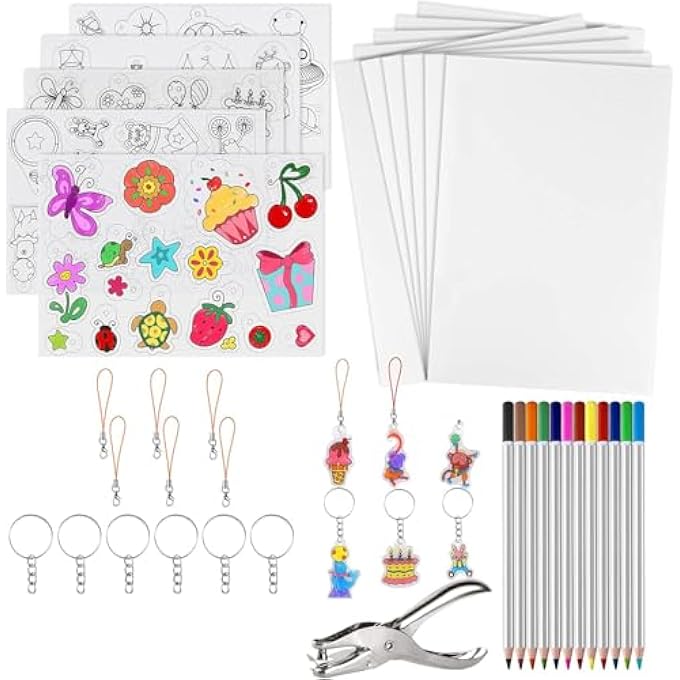 ELECDON 60 PIECES HEAT SHRINK PLASTIC SHEET KIT, INCLUDING 10 PIECES BLANK SHRINK FILM PAPER AND 5 PIECES SHRINK ART PAPER WITH PATTERN, PUNCH, KEYRING, PENCILS FOR DIY ORNAMENTS OR CREATIVE CRAFT - Image 1