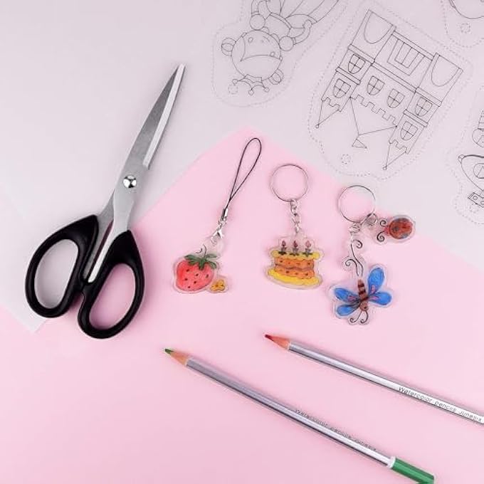 ELECDON 60 PIECES HEAT SHRINK PLASTIC SHEET KIT, INCLUDING 10 PIECES BLANK SHRINK FILM PAPER AND 5 PIECES SHRINK ART PAPER WITH PATTERN, PUNCH, KEYRING, PENCILS FOR DIY ORNAMENTS OR CREATIVE CRAFT - Image 3