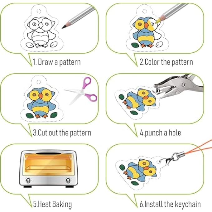 ELECDON 60 PIECES HEAT SHRINK PLASTIC SHEET KIT, INCLUDING 10 PIECES BLANK SHRINK FILM PAPER AND 5 PIECES SHRINK ART PAPER WITH PATTERN, PUNCH, KEYRING, PENCILS FOR DIY ORNAMENTS OR CREATIVE CRAFT - Image 5