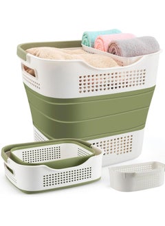 XVersion Laundry Basket Large Foldable 40L with Handle, Collapsible Handled Plastic Washing Clothes Laundry Bin Container, Multi purpose Organizer Storage Washing Basket for Home - Green  - Image 1