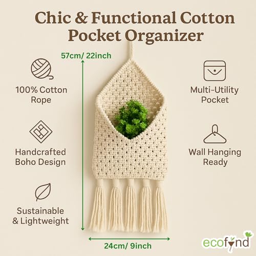 ecofynd Cotton Pocket Wall Holder, Magazine Storage Organizer, Boho Mount Mail Hanging Home Decor Ivory (BH001) (BH001) - Image 2
