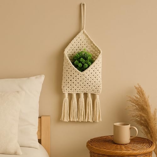ecofynd Cotton Pocket Wall Holder, Magazine Storage Organizer, Boho Mount Mail Hanging Home Decor Ivory (BH001) (BH001) - Image 1