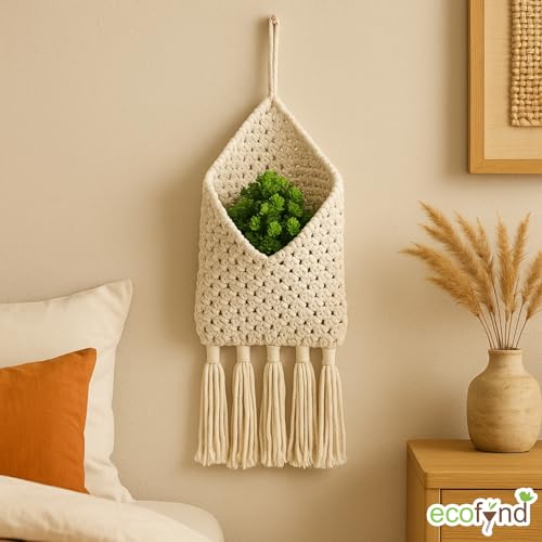 ecofynd Cotton Pocket Wall Holder, Magazine Storage Organizer, Boho Mount Mail Hanging Home Decor Ivory (BH001) (BH001) - Image 3