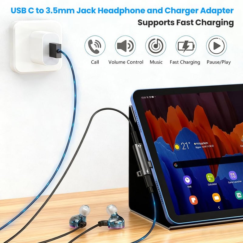 Verilux ® 2 in 1 Type C to Type C & 3.5mm Jack Audio Adapter, USB C Male to Female Charging Adapter, Right Angle Design, Travel Compact - Image 2
