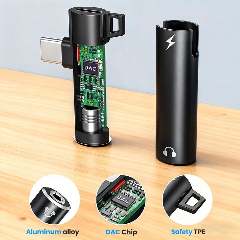 Verilux ® 2 in 1 Type C to Type C & 3.5mm Jack Audio Adapter, USB C Male to Female Charging Adapter, Right Angle Design, Travel Compact - Image 4