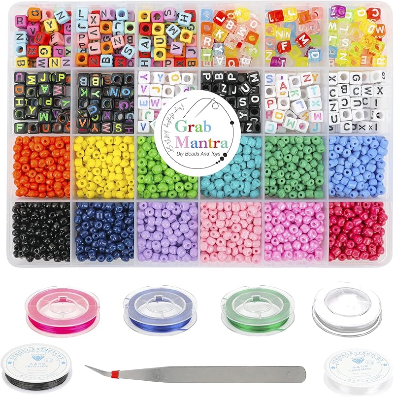 Grab Mantra 4000Pcs 4mm Glass Seed Pony Alphabet cubes Letter Beads with Colorful String for Necklace Earring Bracelet Jewelry Making (Glass beads/color alphabet)
