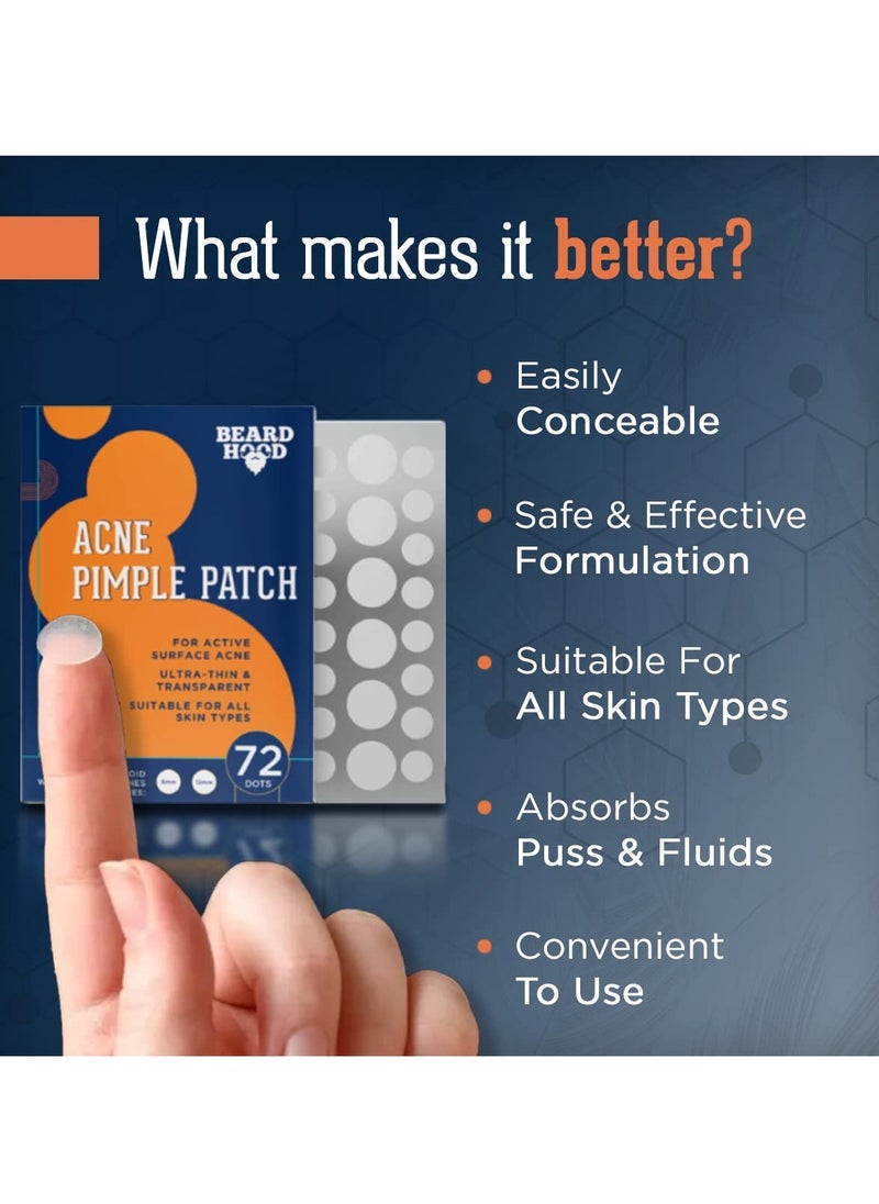 BEARDHOOD - Acne Pimple Patch 72 Hydrocolloid Waterproof Patches For Active Surface Acne Absorbs Pimple Overnight Reduces Excess Oil | For All Skin Types - Image 1