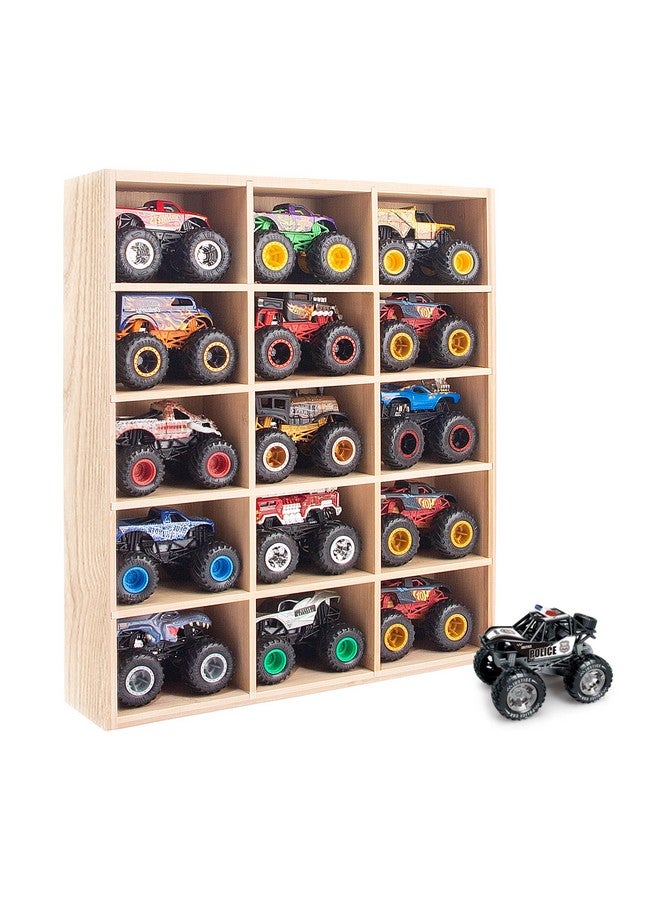 KISLANE Wood Monster Trucks Display Case, 15-Slot Organizer for Monster Trucks Storage - Detachable Shelves, Wall-Mountable with Hanging Screws Included (Wood) - Image 1