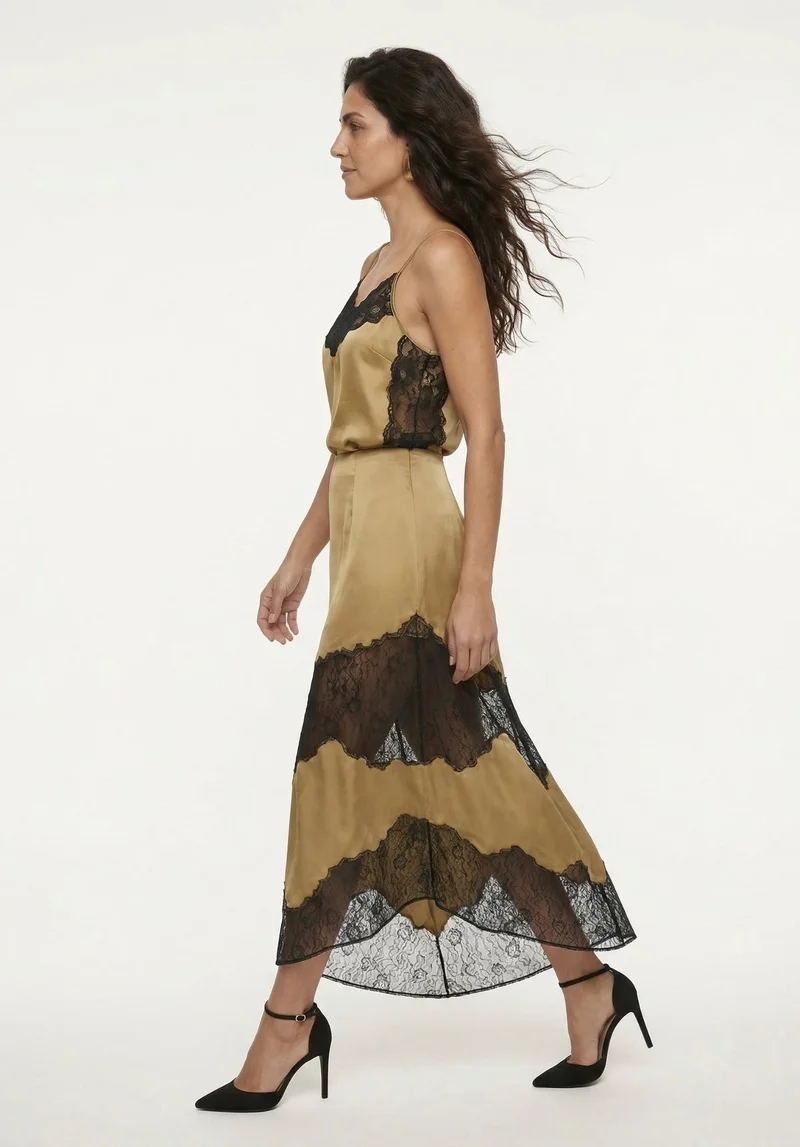ليلي وليونيل Elenor Lace Insert Midi Skirt In Black And Olive