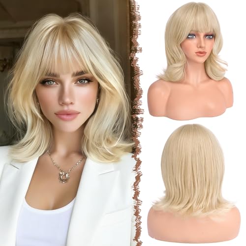 FESHFEN Shoulder Length Bob Wigs with Bangs for Women Bleach Blonde Natural Layered Wavy Synthetic Wig For Daily Party Costume Use 14 Inch - Image 1