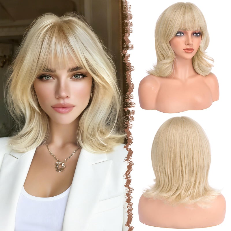 FESHFEN Shoulder Length Bob Wigs with Bangs for Women Bleach Blonde Natural Layered Wavy Synthetic Wig For Daily Party Costume Use 14 Inch - Image 2