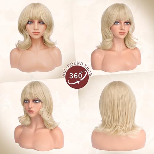 FESHFEN Shoulder Length Bob Wigs with Bangs for Women Bleach Blonde Natural Layered Wavy Synthetic Wig For Daily Party Costume Use 14 Inch - Image 3