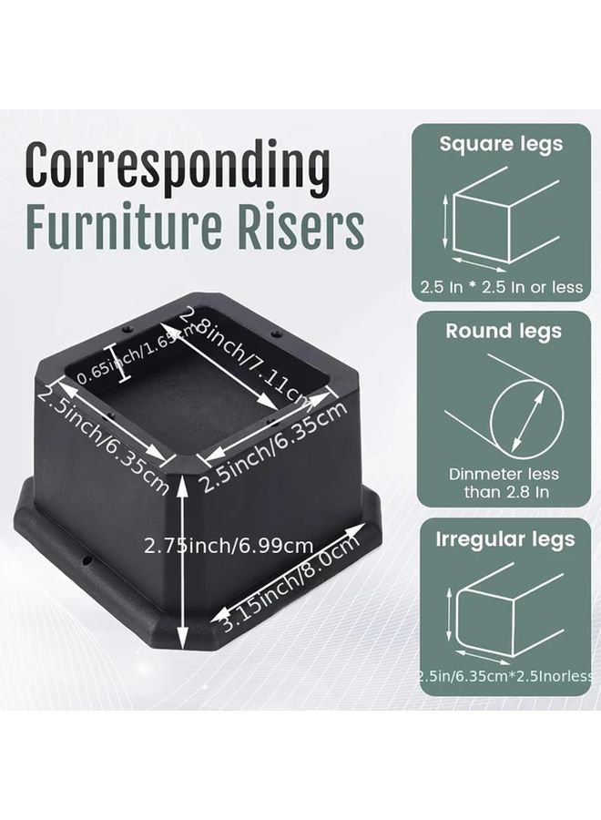 4 Pack Heavy Duty Adjustable Furniture Risers 2 3 4 Inch Black Plastic Leg Extenders - Image 3