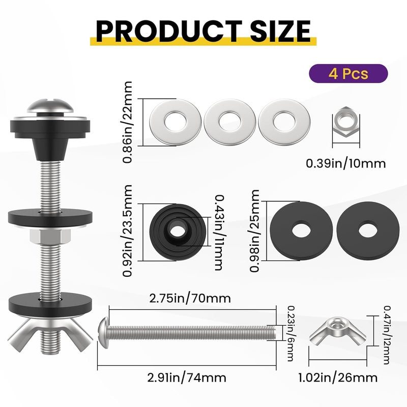 Catuy 4 Pcs Universal Toilet Tank to Bowl Bolts Kit, Heavy Duty Stainless Steel Toilet Tank Bolts with Stainless and Rubber Washers Gasket for Toilet Mounting and Repair - Image 2