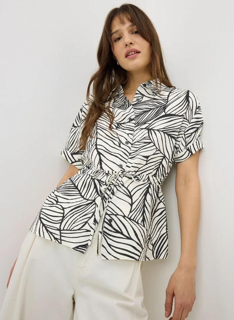 ماتلان Black Leaf Print Tie Waist Co Ord Shirt
