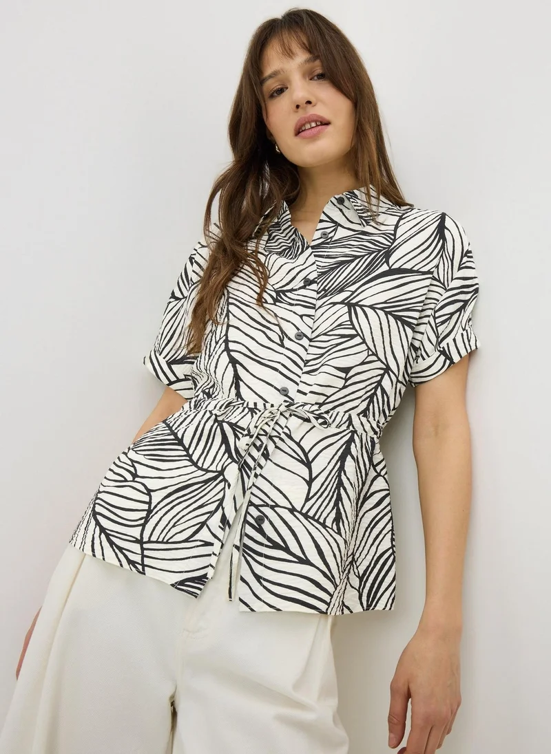 ماتلان Black Leaf Print Tie Waist Co Ord Shirt