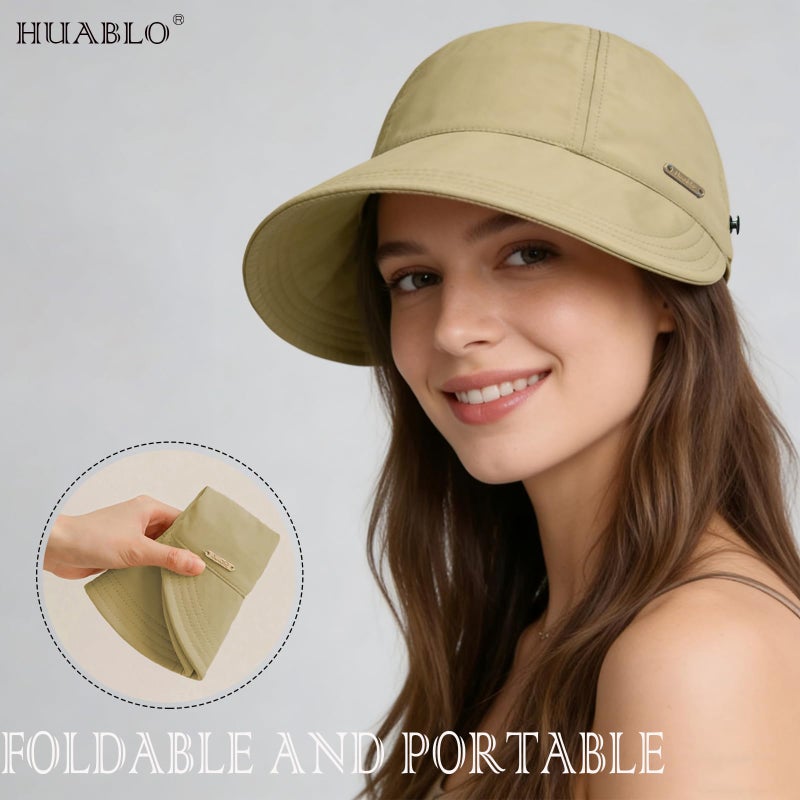 huablo]UPF 50+Womens Sun Hat Wide Brim Hat UV Protection Hiking Fishing Hats Adjustable Ponytail Packable Sun Cap Khaki - Image 2