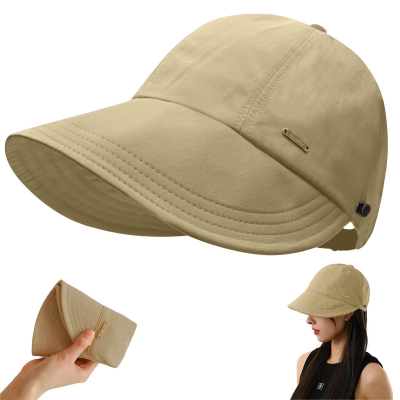 huablo]UPF 50+Womens Sun Hat Wide Brim Hat UV Protection Hiking Fishing Hats Adjustable Ponytail Packable Sun Cap Khaki - Image 1