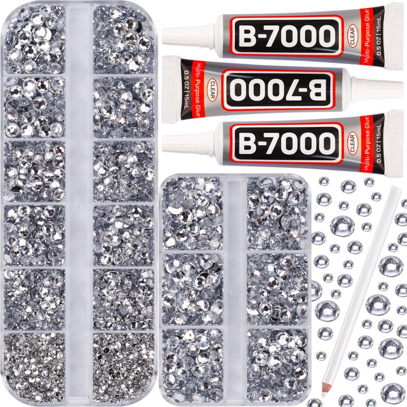 b7000 Glue with 7500Pcs Silver Clear Rhinestones for Crafts Clothes Clothing Fabric Shiny Flatback Crystals Gems for Crafting Shoes Shirt Flat Back Diamonds Set Badazzle kit Jewels 25mm 4 Sizes Mix