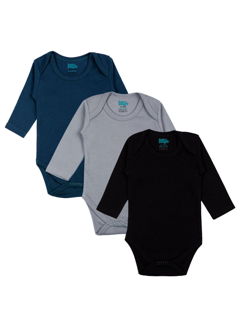 Babies Basic 100% Super Soft Cotton, Long Sleeves Romper/Bodysuit, For New Born To 24Months, Set Of 3 - Black, Navy,Grey  - Image 1