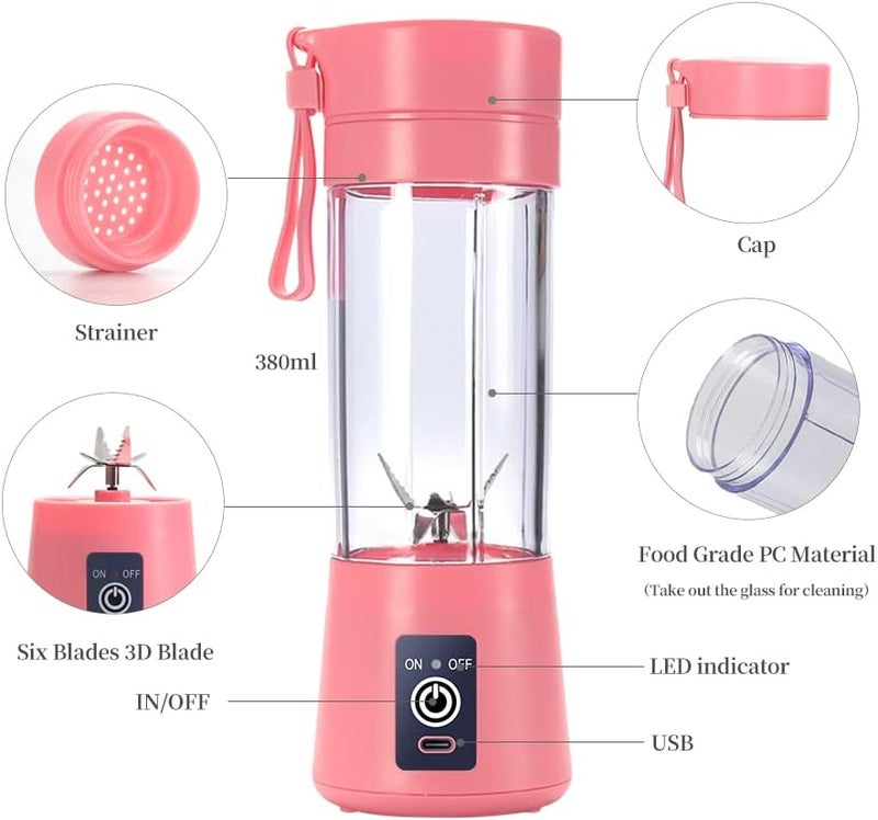 DoubleCare Portable Blender Cup,Electric USB Juicer Blender,Mini Blender Portable Blender For Shakes and Smoothies, juice,380ml, Six Blades Great for Mixing,pink - Image 2