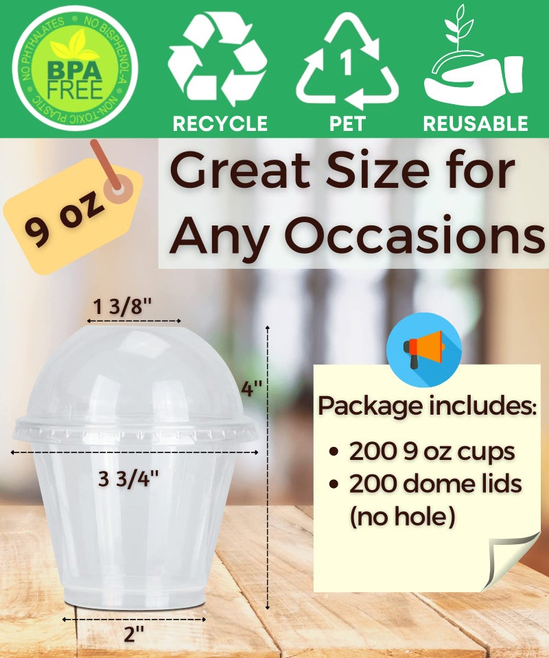 Aatriet [200 Sets] 9 oz Clear Plastic Cups with Lids (NO HOLE)  Fruit Cups with Lids for Party  Disposable Parfait Cups with Dome Lids  Dessert Cups for Pudding  Cake  Ice Cream  Cupcake  Snacks - Image 2