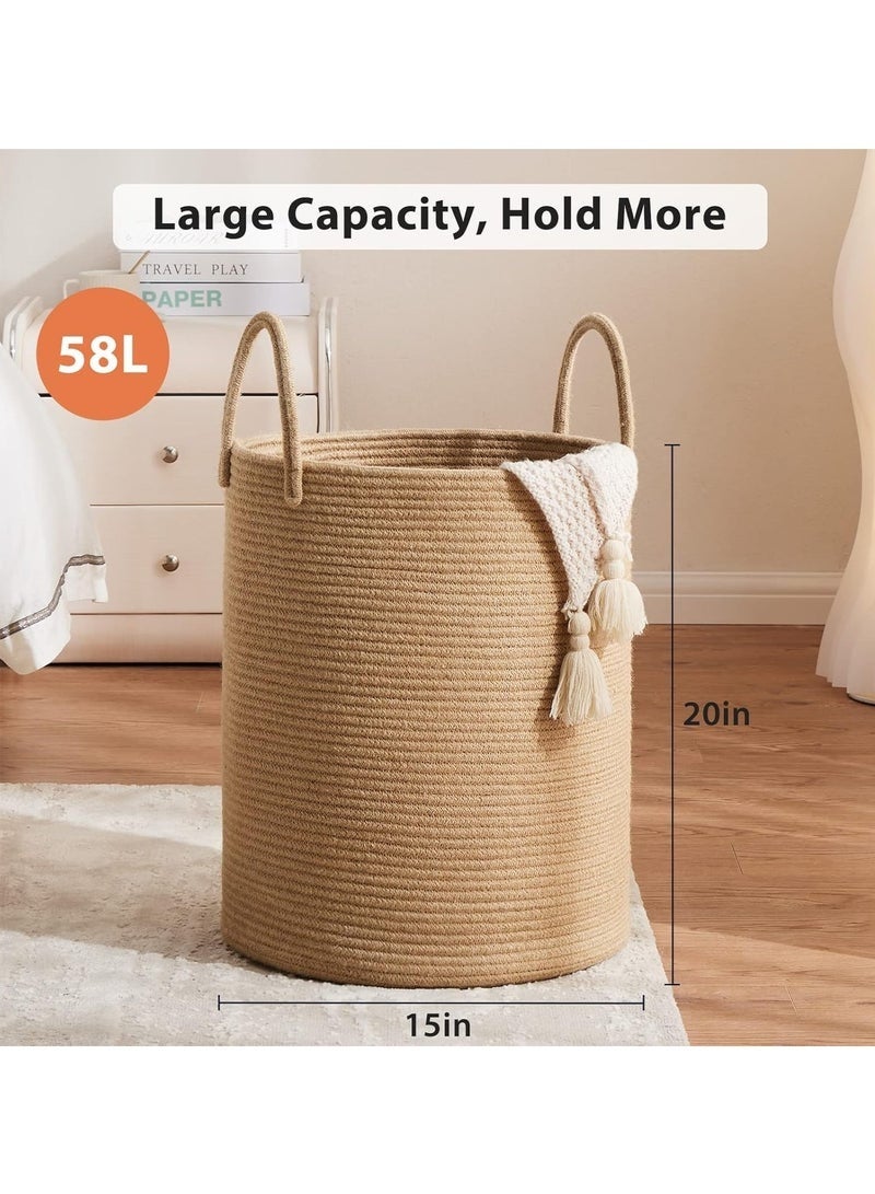 Arabest Rope Woven Laundry Basket, 58L Large Woven Rope Storage Basket with Handles for Clothes Blanket Storage, Large Tall Laundry Hamper for Blankets, Dirty Clothes, Toys and Shoes (Jute) - Image 2