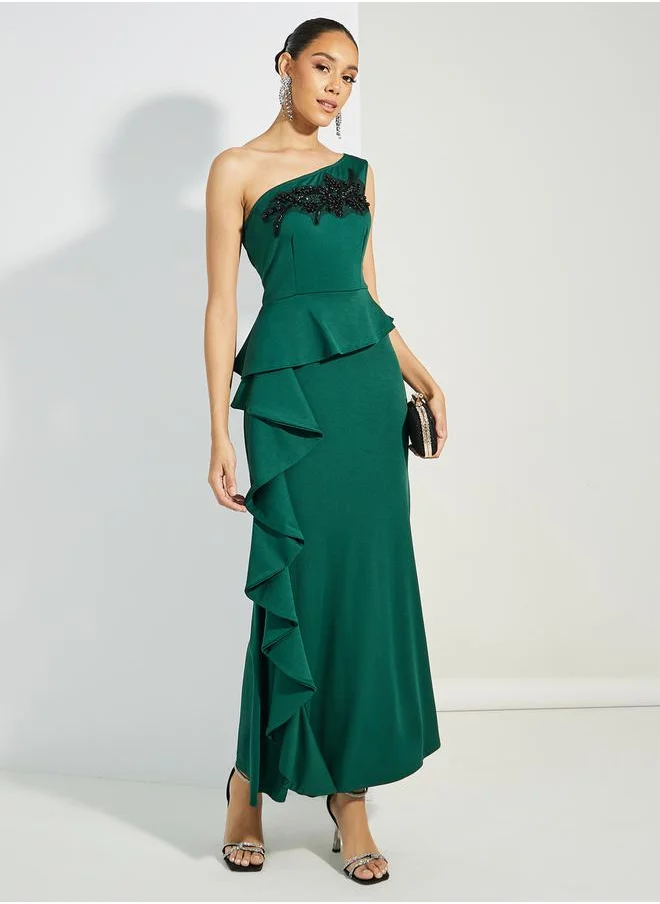 Styli Embellished One Shoulder Neck Maxi Dress with Ruffles