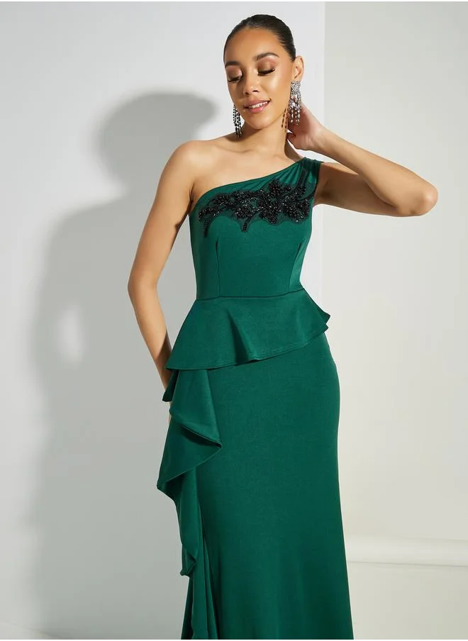 Styli Embellished One Shoulder Neck Maxi Dress with Ruffles