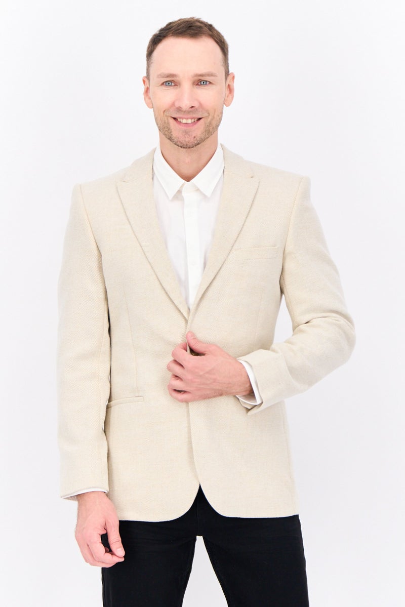 Asos Design Men Regular Fit Textured Semi Formal Blazer, Beige - Image 1
