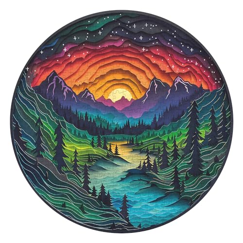 PPuzzling Magic Forest Puzzles for Adults 1000 Pieces Nature Round Tree Mountain River Sunset Landscape Puzzle Colorful Paper Cut Art Puzzle Difficult Hard Challenge Jigsaw Puzzle - Image 1
