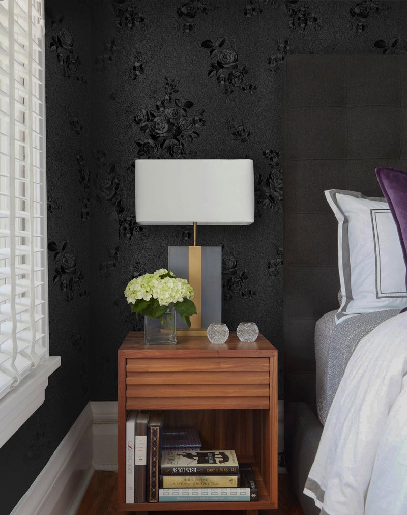 Erfoni Black Peel and Stick Wallpaper Black Floral Embossed Contact Paper 17.7inch×118.1inch Removable Textured Flower Wallpaper Self Adhesive Thicken Livingroom Countertops Cabinets Wall Paper - Image 2