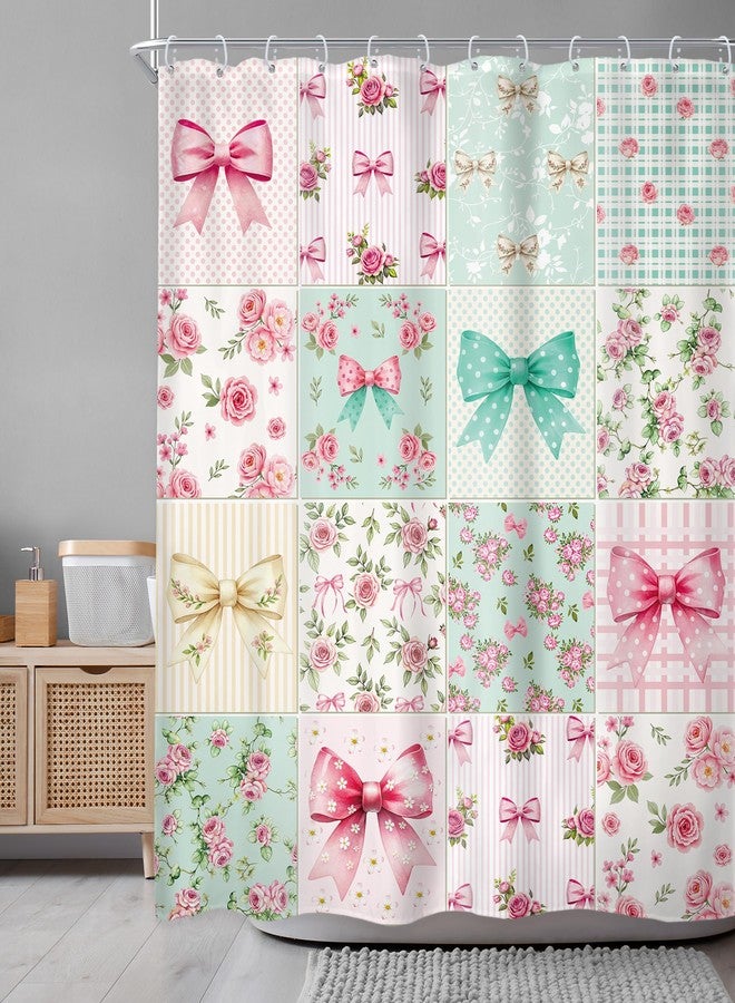 Newsely Boho Bow Floral Shower Curtain 72Wx72L Inch Cute Retro Checkered Patchwork Colorful Flower Pink Green Coquette Girly Bathroom Set Girls Woman Waterproof Bath Decoration Accessories Home Decor - Image 2