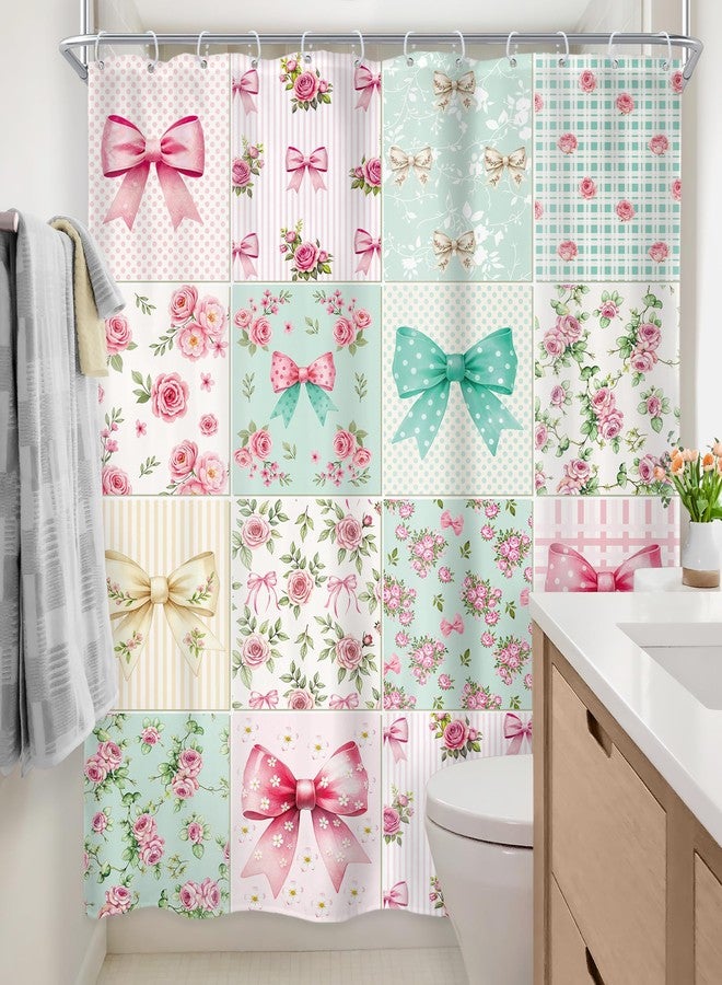 Newsely Boho Bow Floral Shower Curtain 72Wx72L Inch Cute Retro Checkered Patchwork Colorful Flower Pink Green Coquette Girly Bathroom Set Girls Woman Waterproof Bath Decoration Accessories Home Decor - Image 4