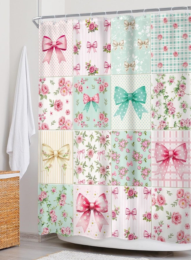 Newsely Boho Bow Floral Shower Curtain 72Wx72L Inch Cute Retro Checkered Patchwork Colorful Flower Pink Green Coquette Girly Bathroom Set Girls Woman Waterproof Bath Decoration Accessories Home Decor - Image 3