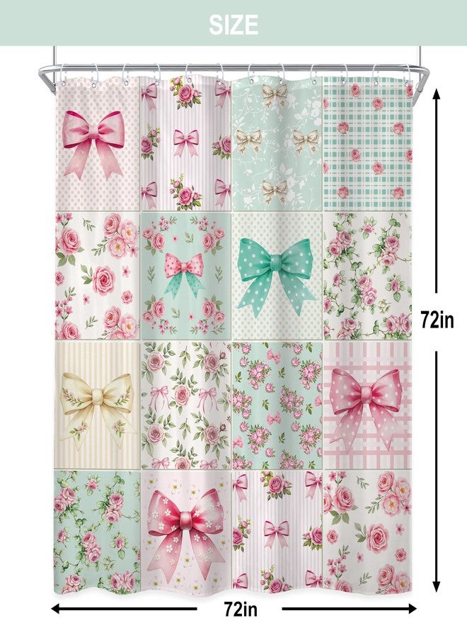 Newsely Boho Bow Floral Shower Curtain 72Wx72L Inch Cute Retro Checkered Patchwork Colorful Flower Pink Green Coquette Girly Bathroom Set Girls Woman Waterproof Bath Decoration Accessories Home Decor - Image 5