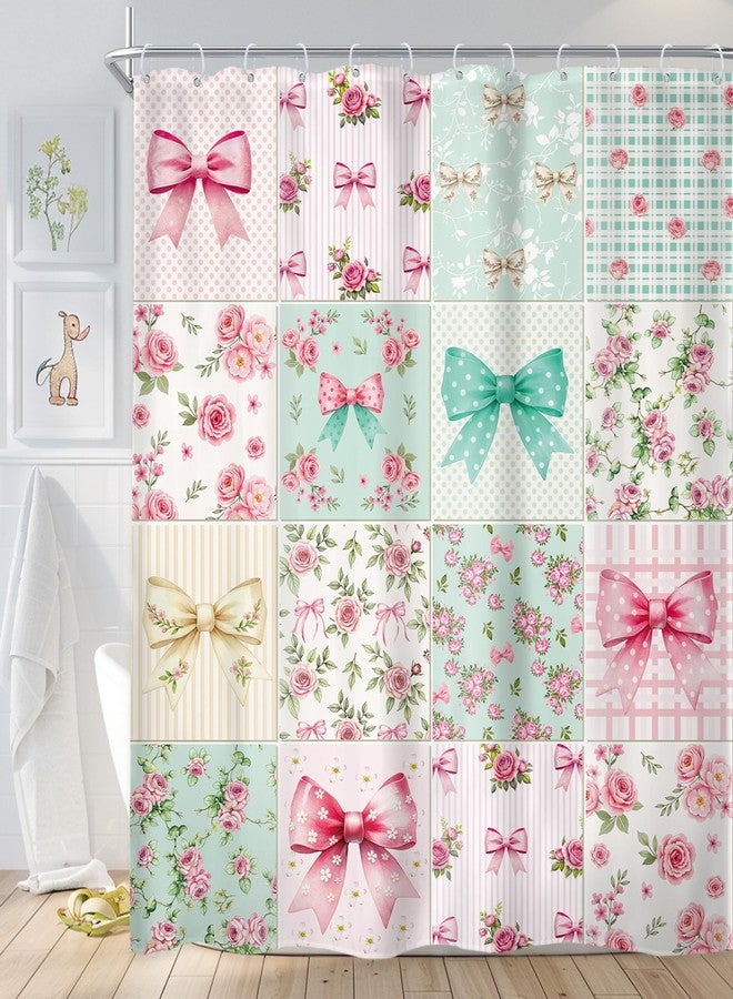 Newsely Boho Bow Floral Shower Curtain 72Wx72L Inch Cute Retro Checkered Patchwork Colorful Flower Pink Green Coquette Girly Bathroom Set Girls Woman Waterproof Bath Decoration Accessories Home Decor - Image 1