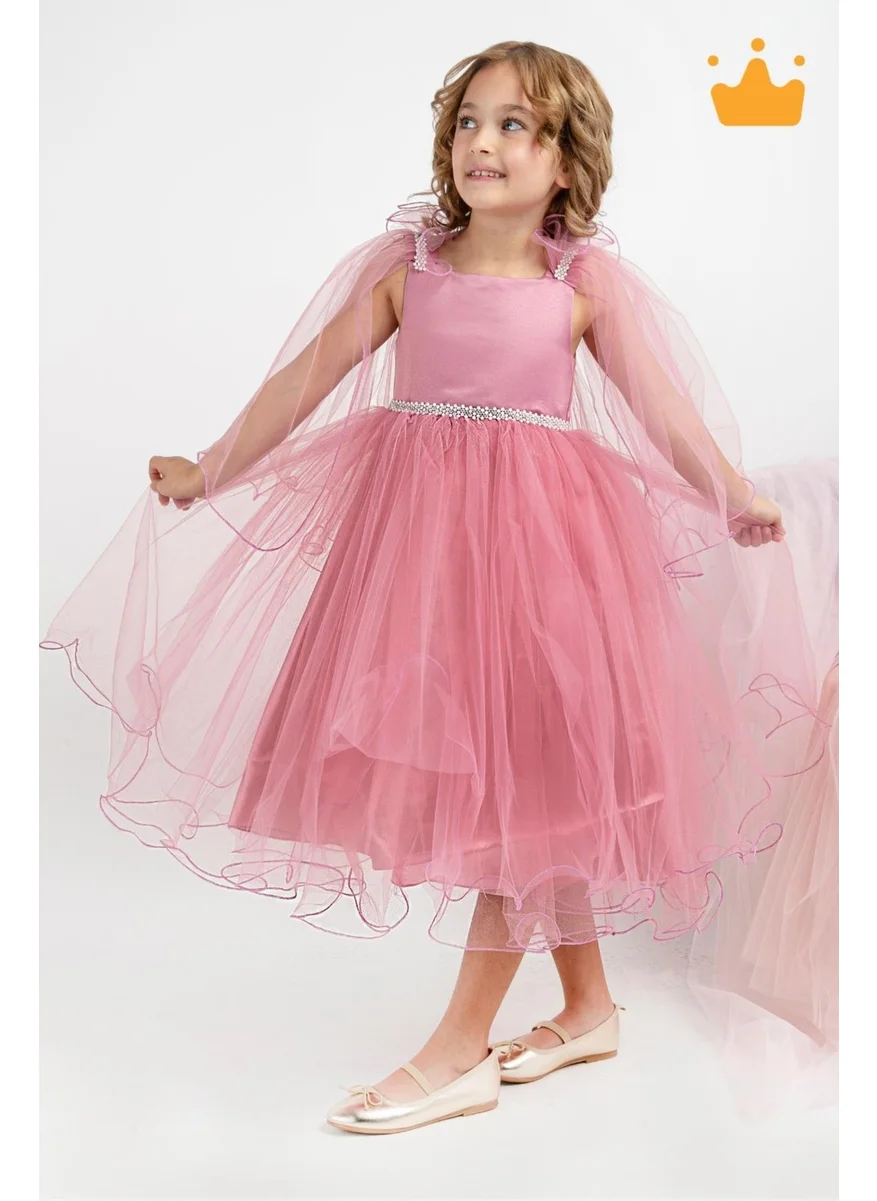 بيبي دولا Minimony 5-9 Years Old Girl's Cloak Sleeve Detailed Full Length Dress Eid Graduation Prom Evening Dress Wedding Dress 5004