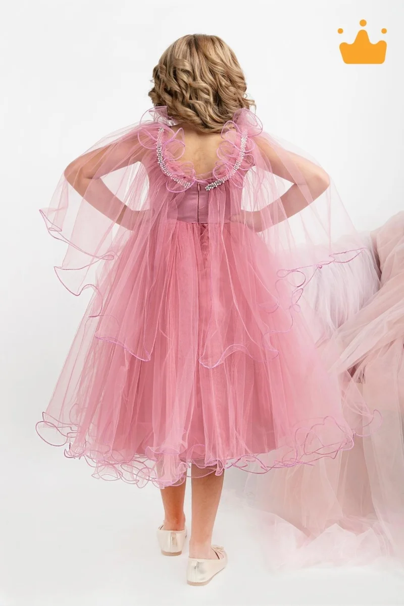 بيبيدولا Minimony 5-9 Years Old Girl's Cloak Sleeve Detailed Full Length Dress Eid Graduation Prom Evening Dress Wedding Dress 5004