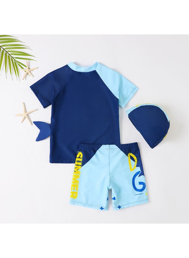 Loquat Cute Shark Boy Children's Swimming Suit Split Short Sleeve Trousers Sun-proof Quick-drying Swimwear Set-Color:Dark Blue- - Image 3