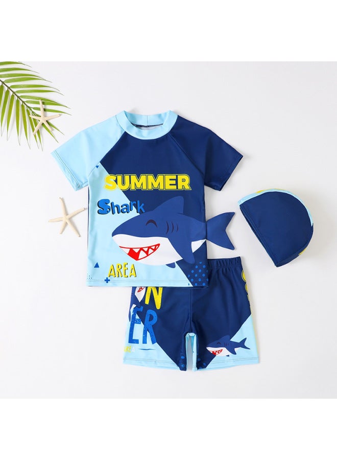 Loquat Cute Shark Boy Children's Swimming Suit Split Short Sleeve Trousers Sun-proof Quick-drying Swimwear Set-Color:Dark Blue- - Image 2