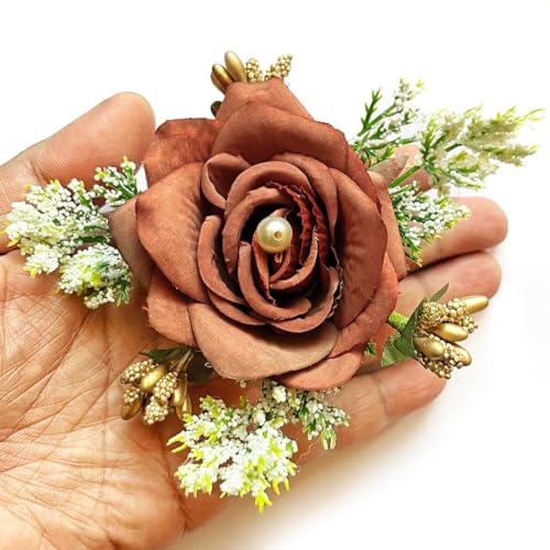 ADIKALA™ Handmade Artificial Fake Rose Flower Bunch, Flower Brooch Hamper, for Decoration, Gifting, Trousseau Packing | Fake Rose Head Flower Bunch Hamper (6, Brown) - Image 1