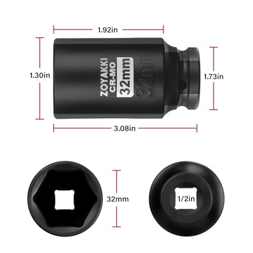ZOYAKKI 1/2" Drive x 32 mm Deep 6 PT Impact Socket, CR-MO,1/2-inch Drive 6 Point Axle Nut Socket for Easy Removal of Axle Shaft Nuts (Metric 32MM) - Image 2