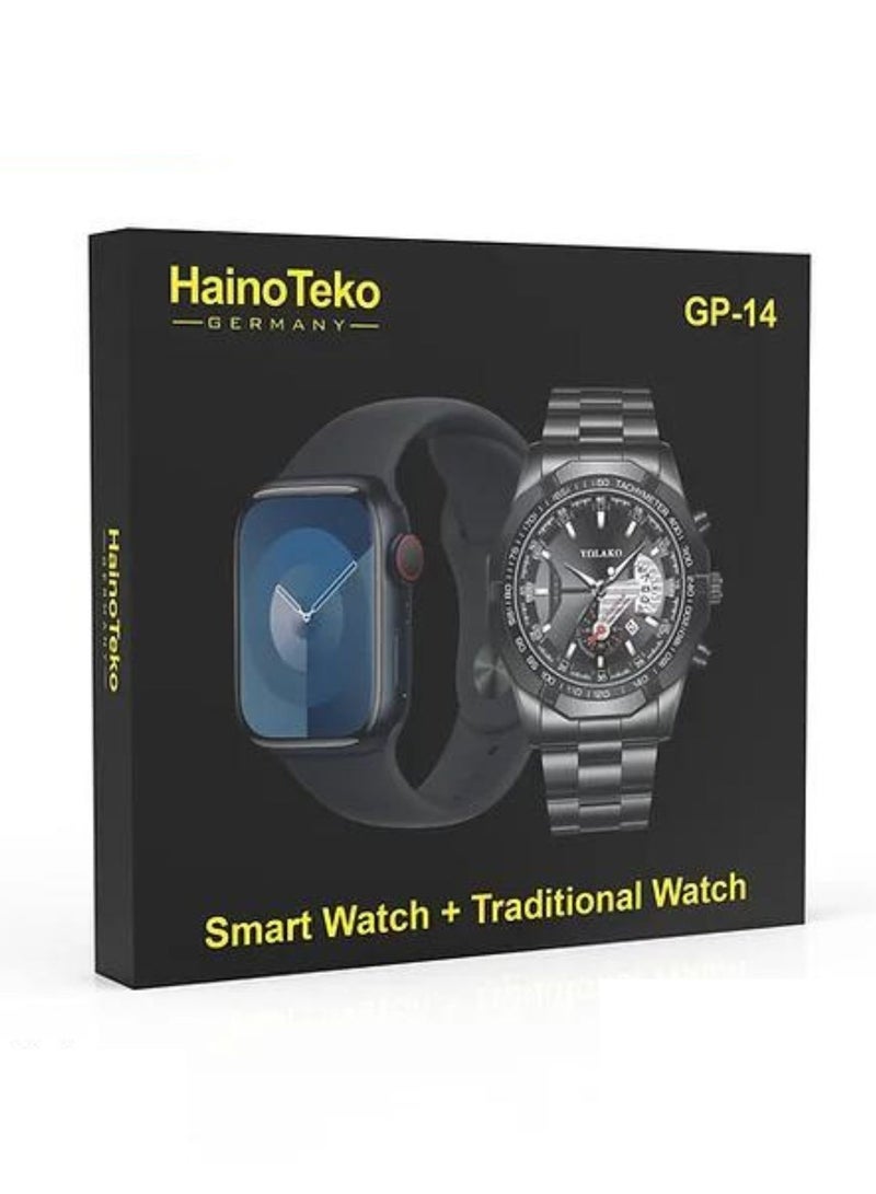 Haino Teko GP-14 2-in-1 Combo: Smart Watch + Traditional Analog Watch – Full Touchscreen Smartwatch with Fitness Tracking, Bluetooth Calling, Stylish Black Classic Watch for Men – Elegant Gift Set