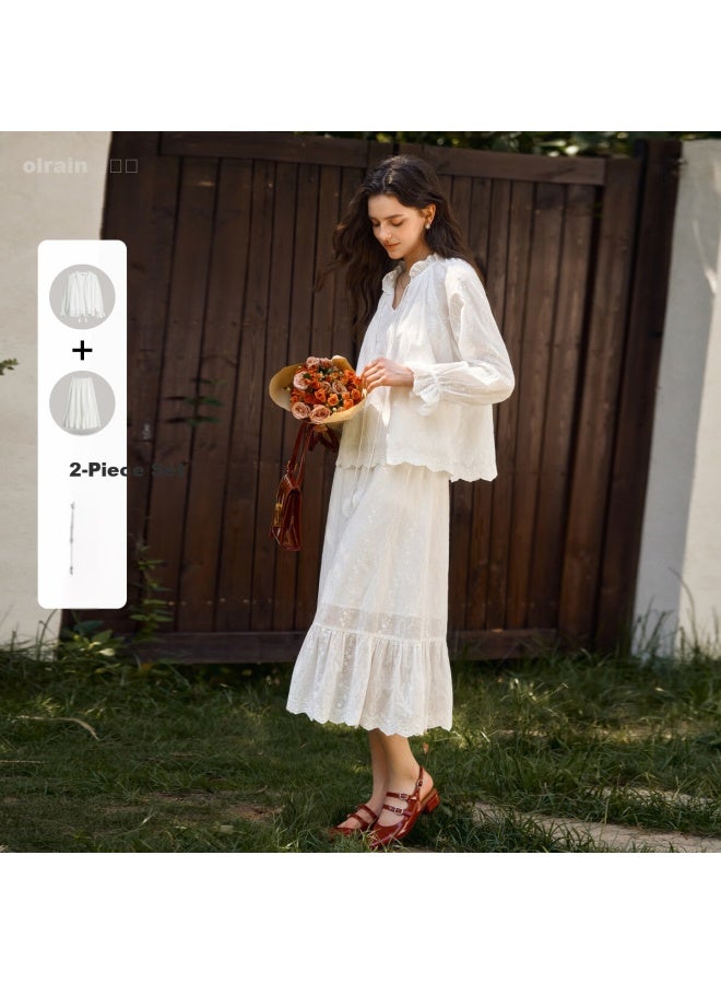 Olrain Heavy Embroidery Top And Skirt Set Autumn Women's Vacation Style Two-piece Lace Trim White L - Image 3